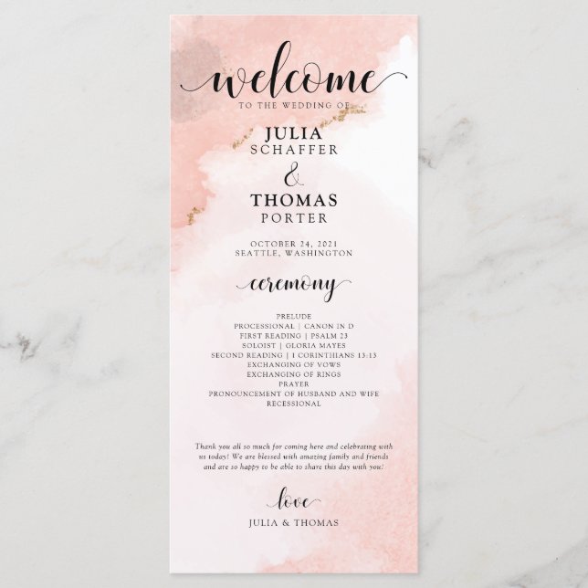 Programa Pink Watercolor e Dourada Ordem de Casamento da Ce (Frente)