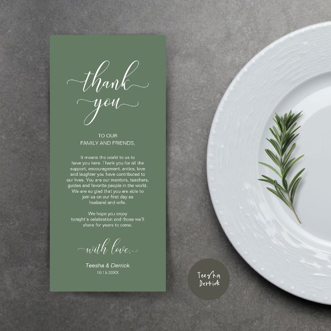 Programa Place Setting Obrigado, Elegante Sage Green Card (Wedding Dinner Place Setting Thank You Card, Modern Classy Design, Forest Sage Green)
