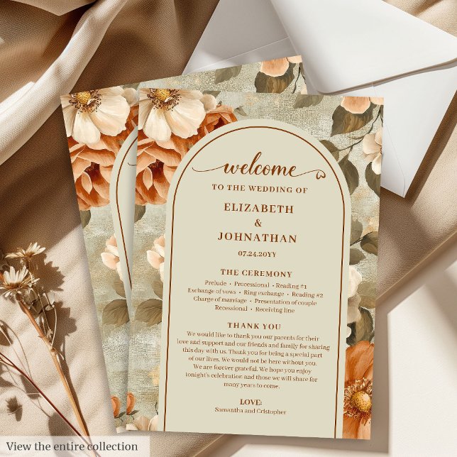 Programa Plano de Casamento Floral Boho Elegante Marfim e S (Stylish Boho Rusty Ivory Sage Floral Wedding Program)