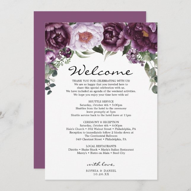 Programa Plum Peonies Wedding Welcome Itinerary Program (Frente/Verso)
