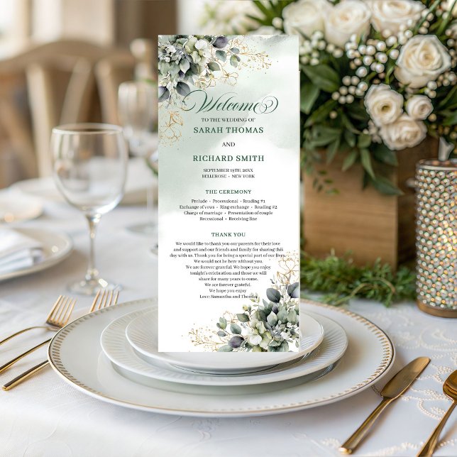 Programa Poeira Botânica Suave Verde Eucalipto Casamento (Soft Botanical Dusty Green Eucalyptus Wedding Program)