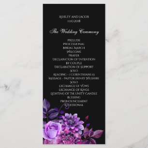 Programa preto do casamento. Cartão floral roxo d