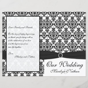 Programa preto e branco do casamento tema damasco