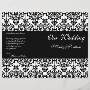 Programa preto e branco do casamento tema damasco