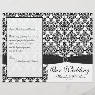 Programa preto e branco do casamento tema damasco