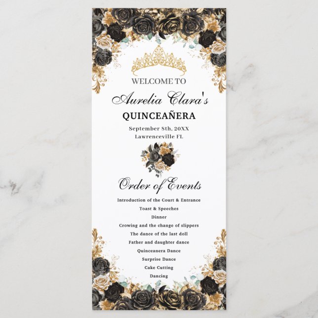 Programa Preto e Dourado Floral Eventos de Quinceañera (Frente)