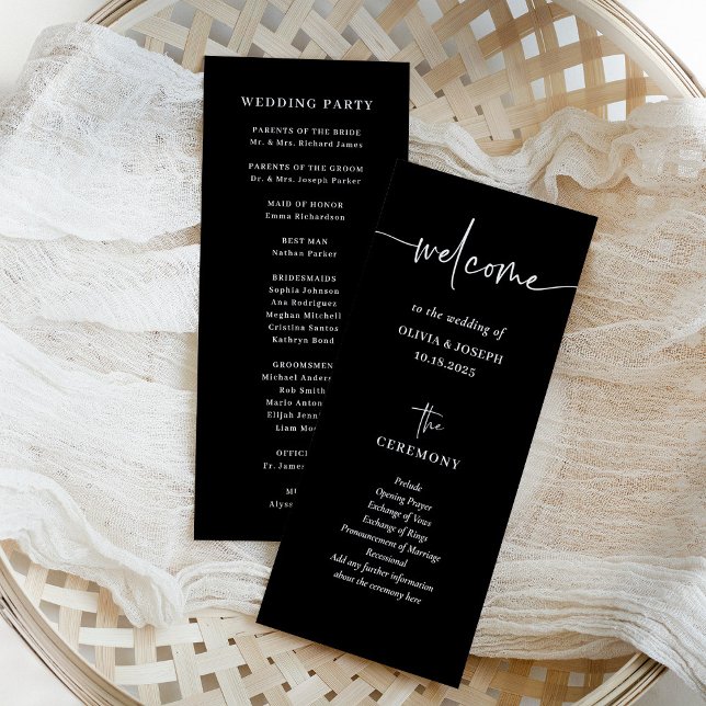Programa Preto moderno e minimalista simples | Casamento (A dark black, modern and minimalist wedding program with elegant, trendy script)