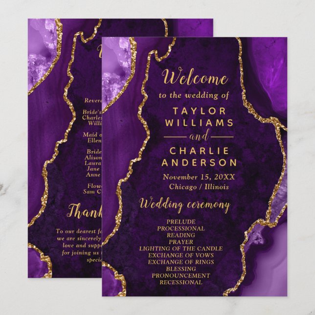 Programa Purple and Gold Agate Wedding Program (Frente/Verso)