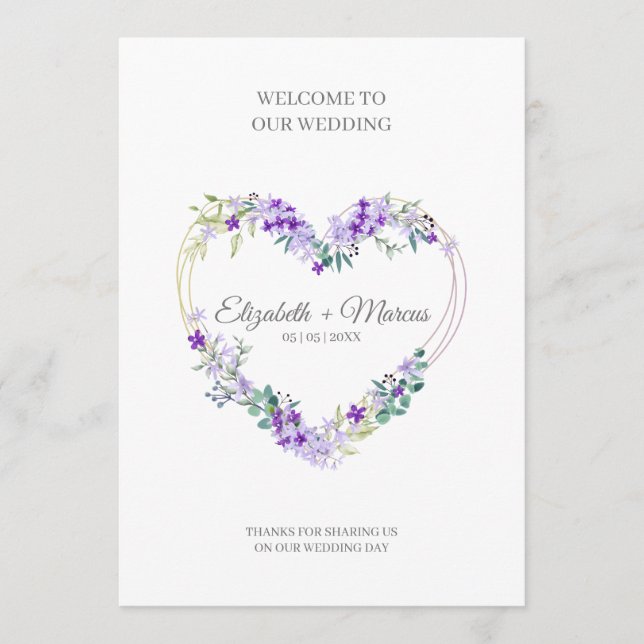 Programa Purple Floral Heart for Wedding Sand Ceremony (Frente)