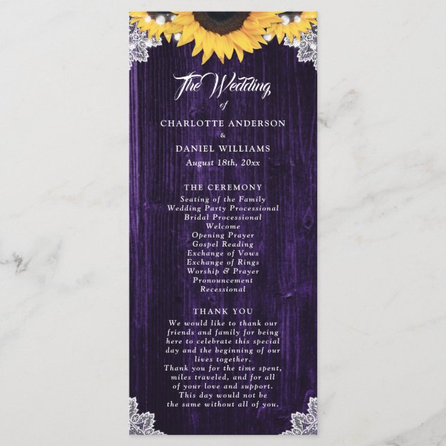 Programa Purple Sunflower Wood Floral Lace Wedding Program (Frente)