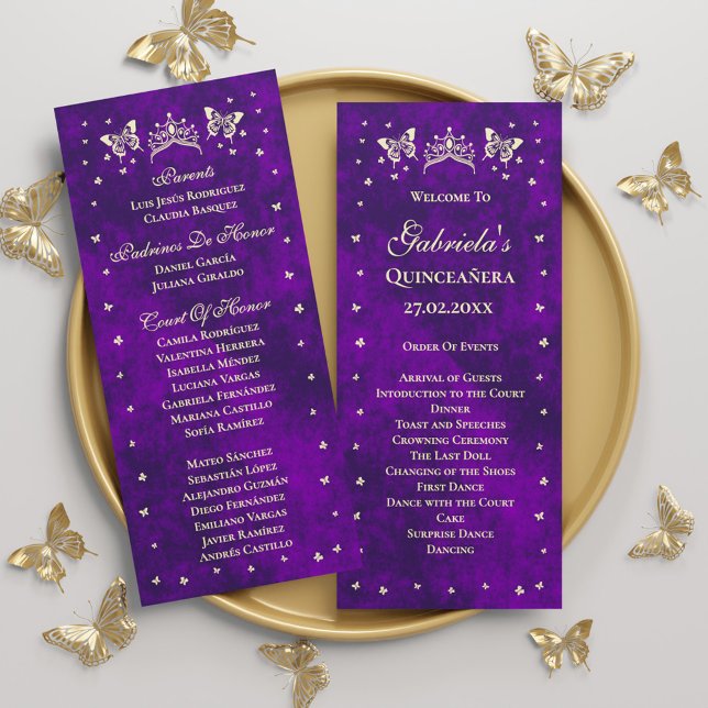 Programa Púrpura Elegante Dourada Tiara Borboletas Quinceañ (Elegant Purple Gold Tiara Butterflies Quinceañera Program)