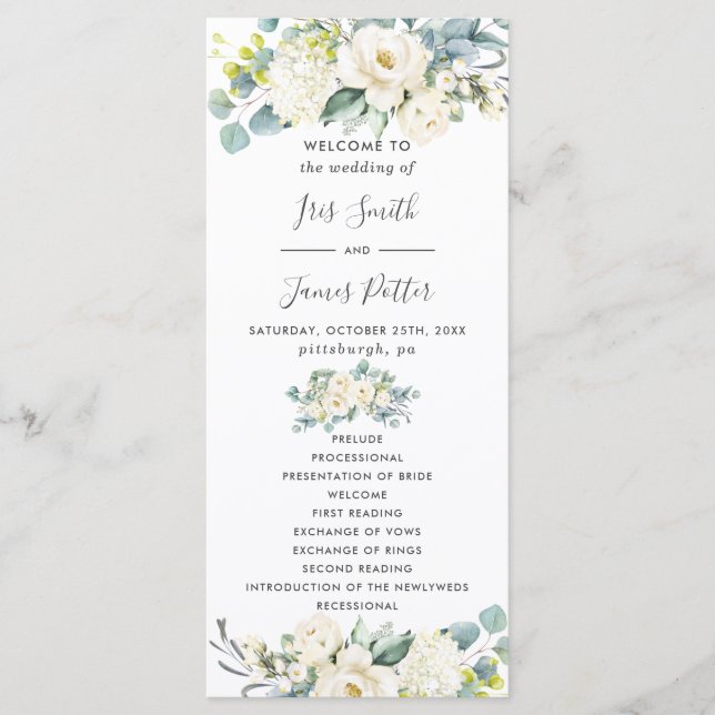 Programa Quic Ivory White Floral Greenery Weding Program (Frente)