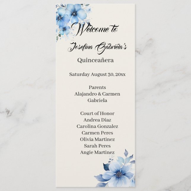 Programa Quinceanera blue double side program card  (Frente)