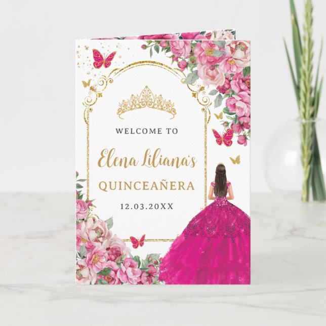 Programa Quinceañera Fuchsia Gold Padrinos Events Program (Frente)