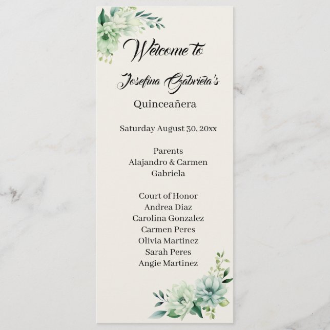 Programa Quinceanera green floral double side program card  (Frente)