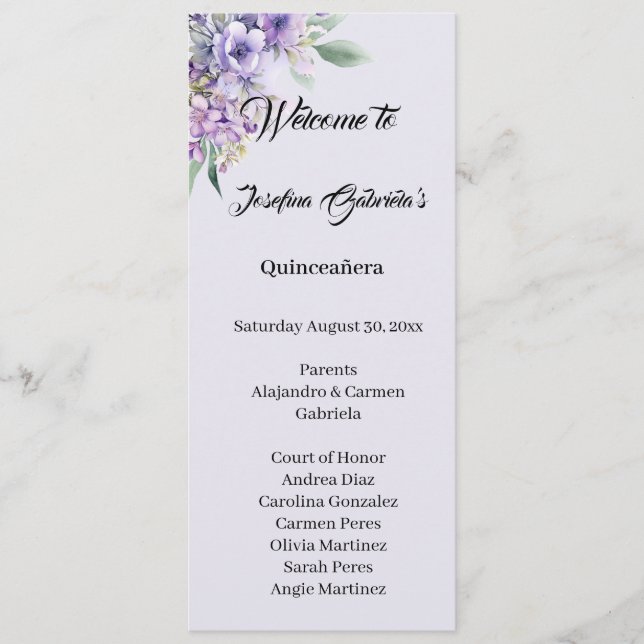 Programa Quinceanera Lavender double side program card  (Frente)