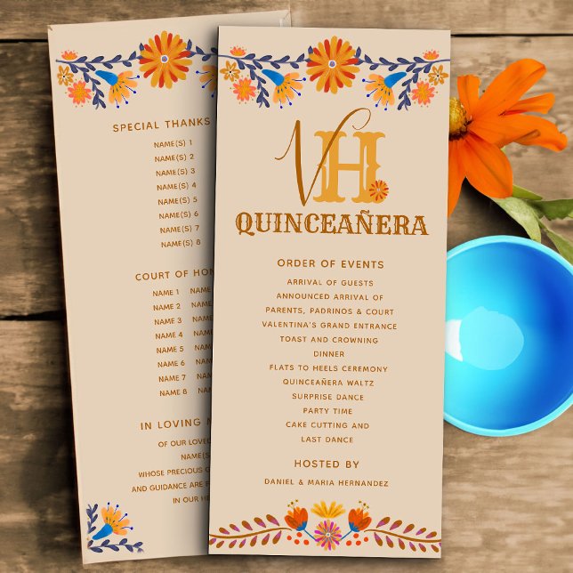 Programa Quinceanera Ocidental Mexicana Monograma (Monogrammed programs for Quinceanera or other occasion with western boho mexican floral design)