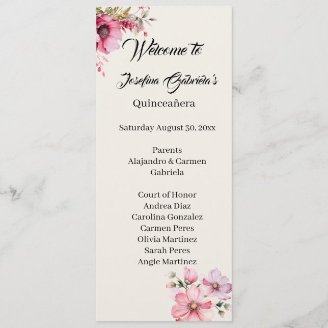 Programa Quinceanera pink double side program card  (Frente)