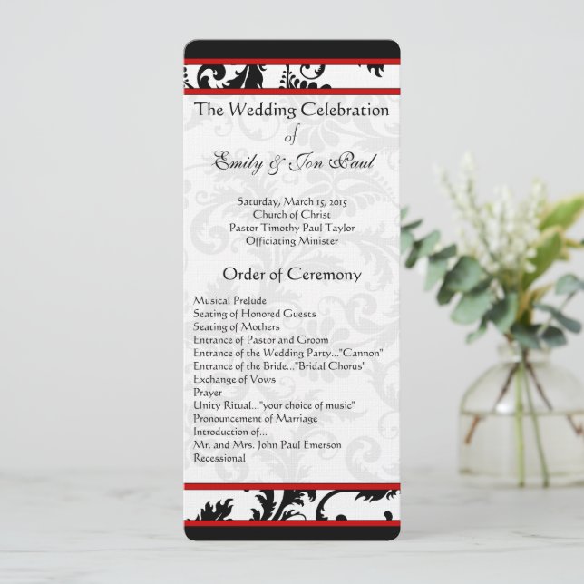Programa Red Black White Damask Swirl Wedl Program (Em pé/Frente)