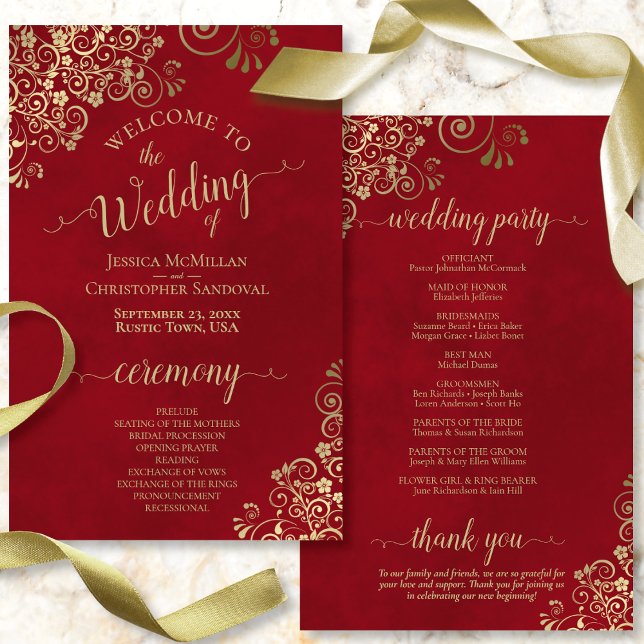 Programa rico de Casamento Vermelho e Dourado de O (Front and Back)