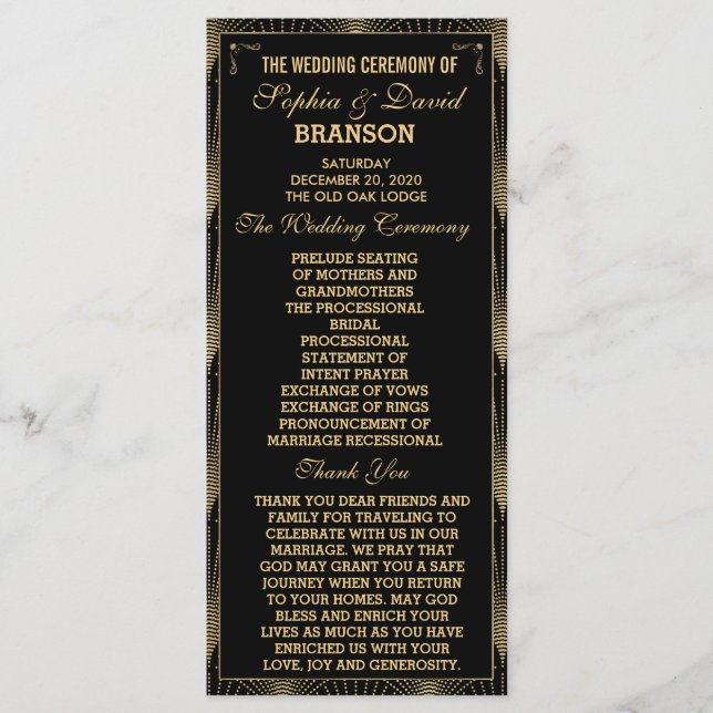 Programa Roaring 20s Art Deco Excelente Gatsby Wedding Prog (Frente)