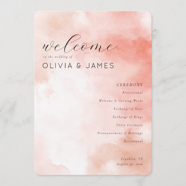 Programa Romantic Pink Watercolor Wedding Schedule (Frente)