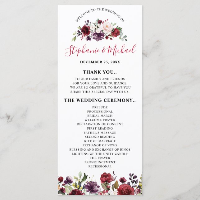 Programa Romântica Aquarela Borgonha Vermelha Rosa Floral (Frente)