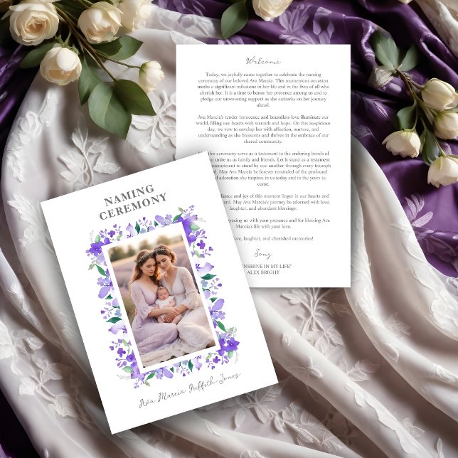 Programa Romântica Frame Floral Purple Shades 2 Fotografias (Romantic Floral Frame in Purple Shades with 2 Photos Naming Ceremony Template Program Card.)