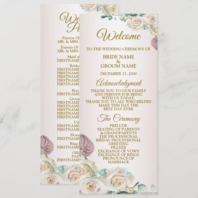 Programa Rosa Branca Rosa Aguarela Verde Dourado Casamento (Frente/Verso)
