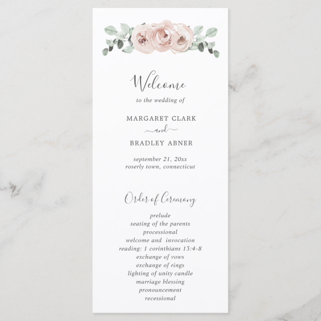 Programa Rosa Desbotada Floral Aquarela Casamento Elegante (Frente)