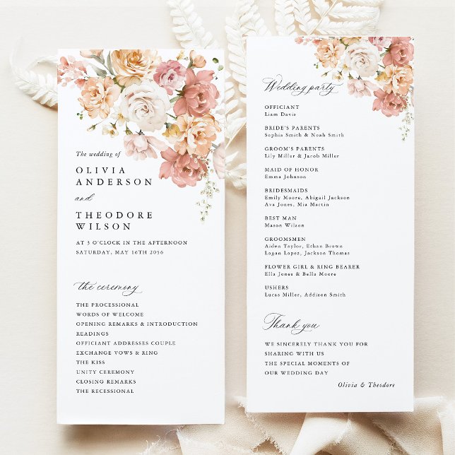 Programa Rosa Pó Dusty Cerimônia de Casamento Floral (Dusty Pink Rose Floral Wedding Program, double sided ceremony program, blush wedding stationery)