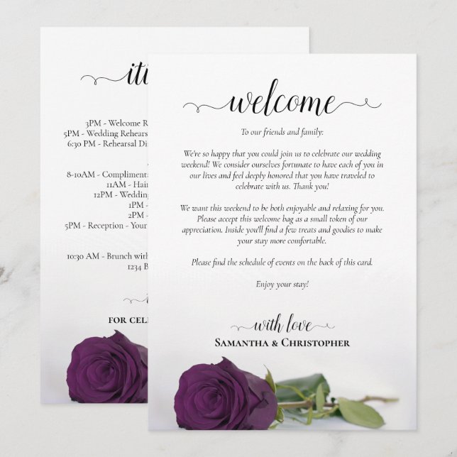 Programa Rosa Roxa de Casamento Bem-vindo & Itinerário (Frente/Verso)