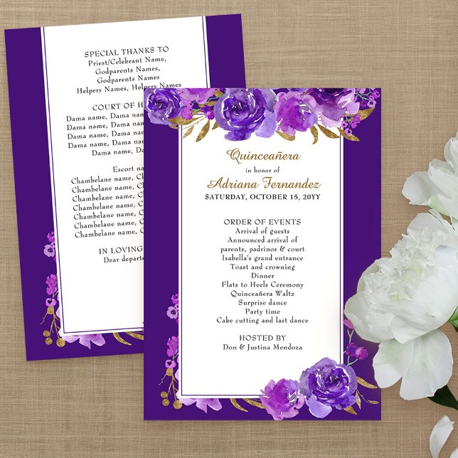 Programa Rosa roxo e Quinceanera Folha Dourada Elegante (Purple floral program from my Rose and Gold Leaf quinceanera collection)