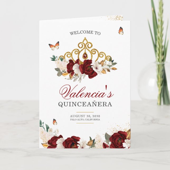 Programa Rosa vermelha Dourada Tiara Butterfly Quinceanera (Frente)