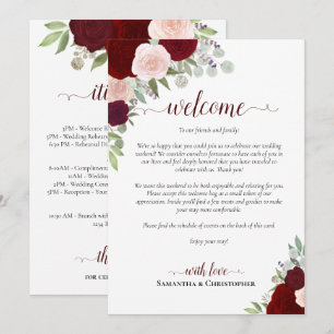Programa Rosas Bege Borgonha Casamento Bem-vindo & Itinerár