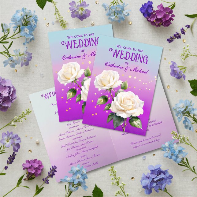 Programa Rosas com Efeito Ombre em Aquarela Azul Roxo Casam (Flat lay ocean lavender blush floral dreamy botanical spring wedding program
)