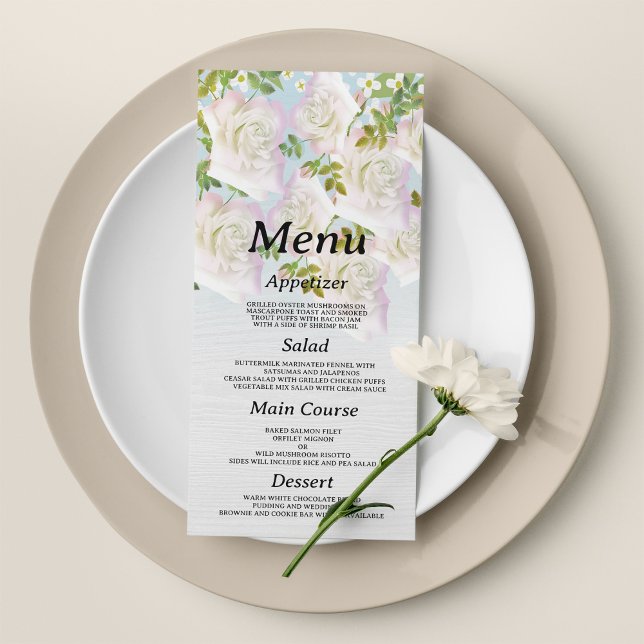 Programa Rosas de hortelã-rosa-rosa-rusticasMenu de Casamen (Rustic white wood pink mint roses Wedding Menu )