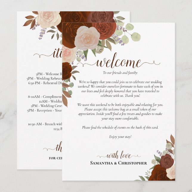 Programa Rosas Laranja Enferrujado Casamento Boas-Vindas &  (Frente/Verso)