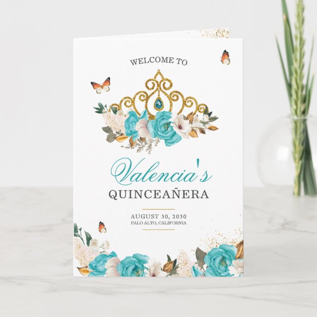 Programa Rosas turquesas Dourados Tiara Borboleta Quinceane (Frente)