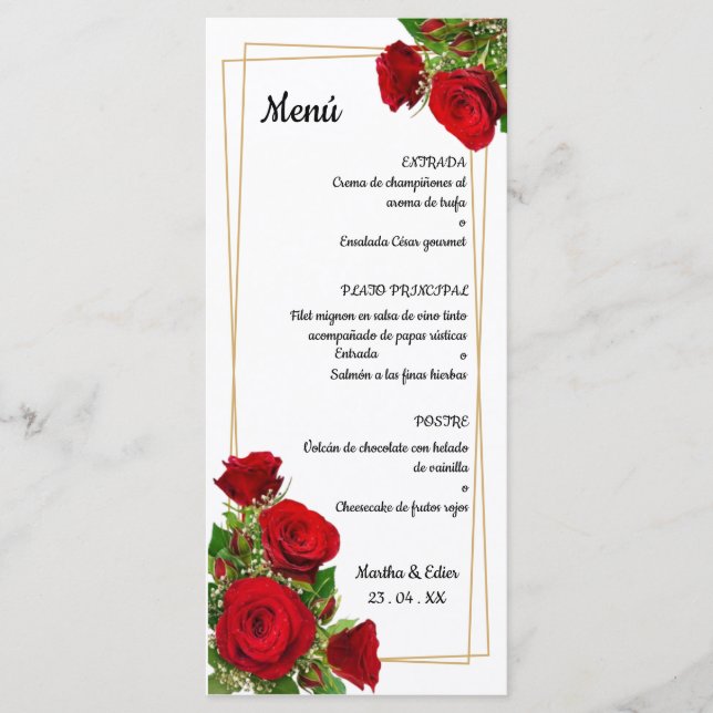 Programa Rosas Vermelhas Originais do Cardápio de Casamento (Frente)