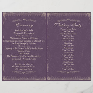 Programa roxo da cerimónia de casamento vintage d