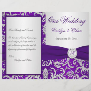 Programa roxo e de prata do monograma do casamento
