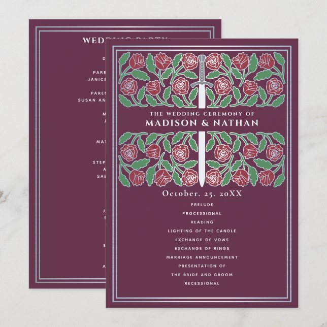 Programa Roxo Medieval Floral Prata Espada Casamento Real (Frente/Verso)