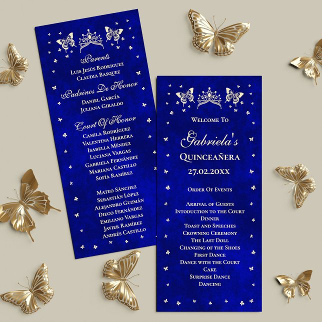 Programa Royal Blue Tiara Butterfly 15 Quinceañera (Royal Blue Gold Tiara Butterfly 15th Quinceañera Program)