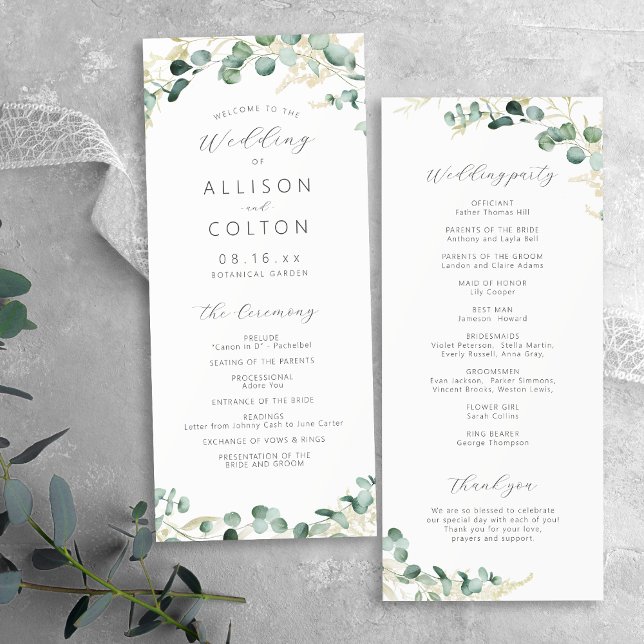 Programa russo de casamento de eucalipto verde-boh (Rustic eucalyptus greenery boho wedding program)