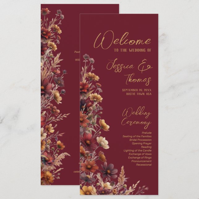 Programa Rustic Boho Chic Wildflowers Burgundy Wedding (Frente/Verso)
