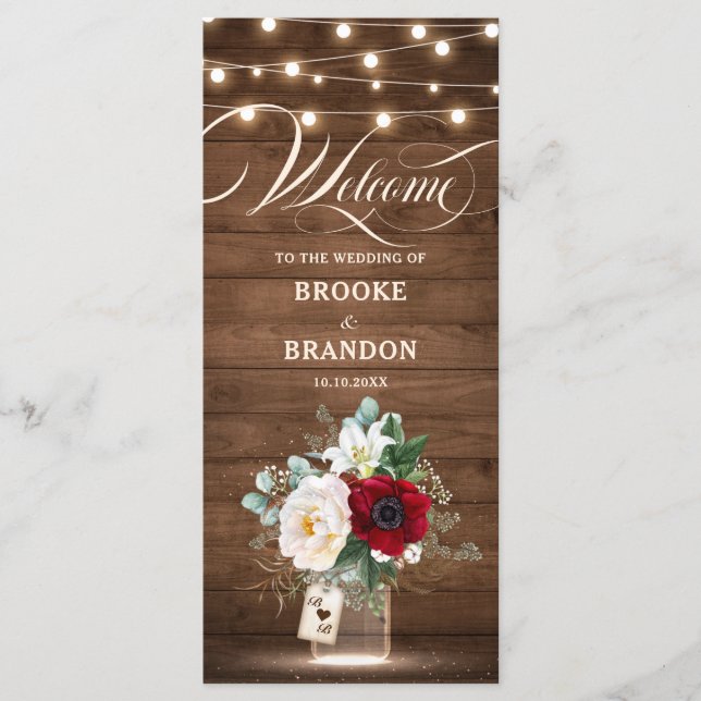 Programa Rustic Burgundy Floral Luzes Mason Jar Weding (Frente)