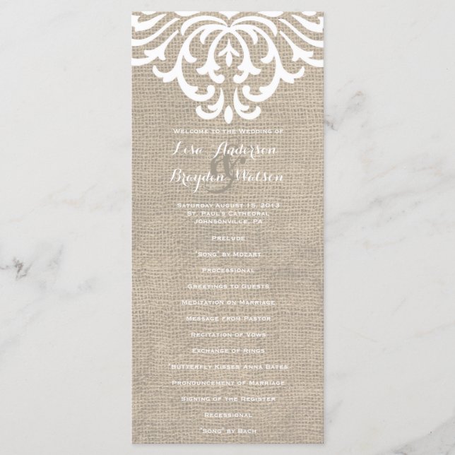 Programa Rustic Burlap Casamento vintage (Frente)
