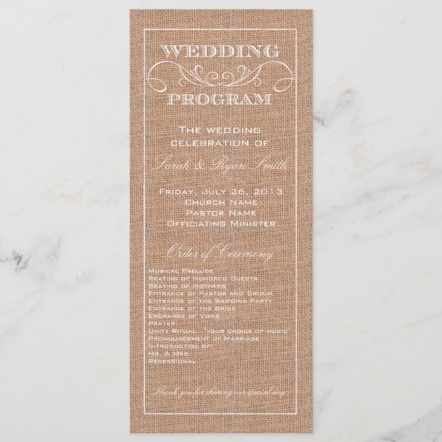 Programa Rustic Burlap Impressão Wedding (Frente)