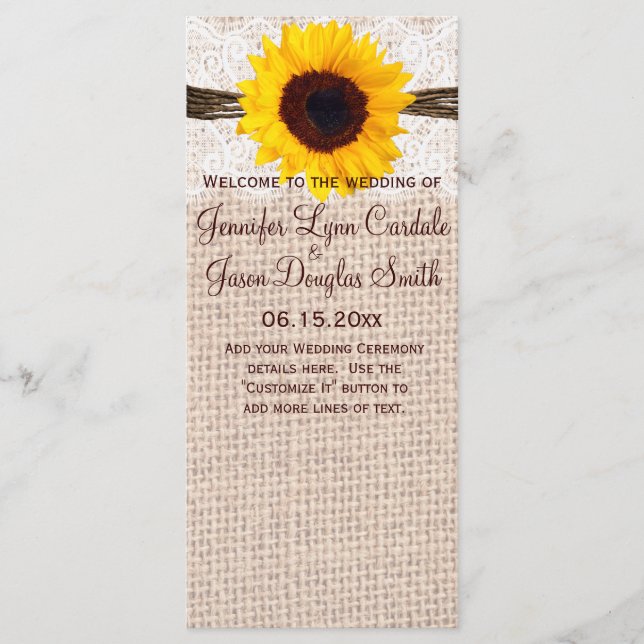 Programa Rustic Burlap Lace Twine Sunflower Wedse (Frente)